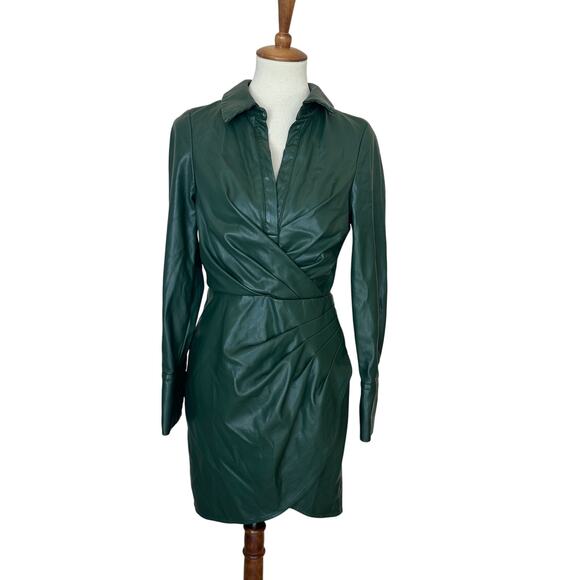 One33 Social Green Faux Leather Mini Shirt Dress SIze 2 Faux Wrap Designer $275 - Picture 5 of 11